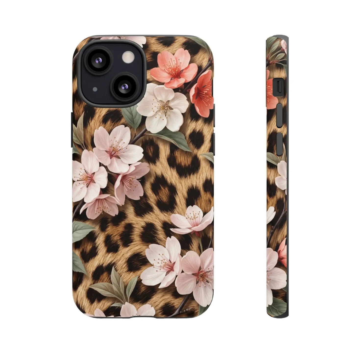 Leopard Floral Tough Case — Protective Phone Case with Pink Cherry Blossoms by Printify