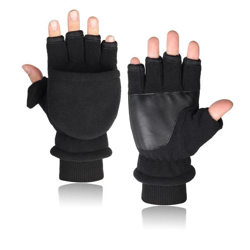 Men's Double-layer Velvet Flip Touch Screen Half Finger Gloves by GJG Denim