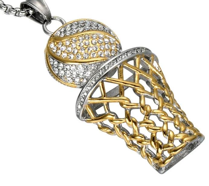 HIP Hop Bling Iced Out Gold Full Rhinestone Basketball Pendants Necklaces 316L Stainless Steel Sports Necklace for Men Jewelry by GJG Denim