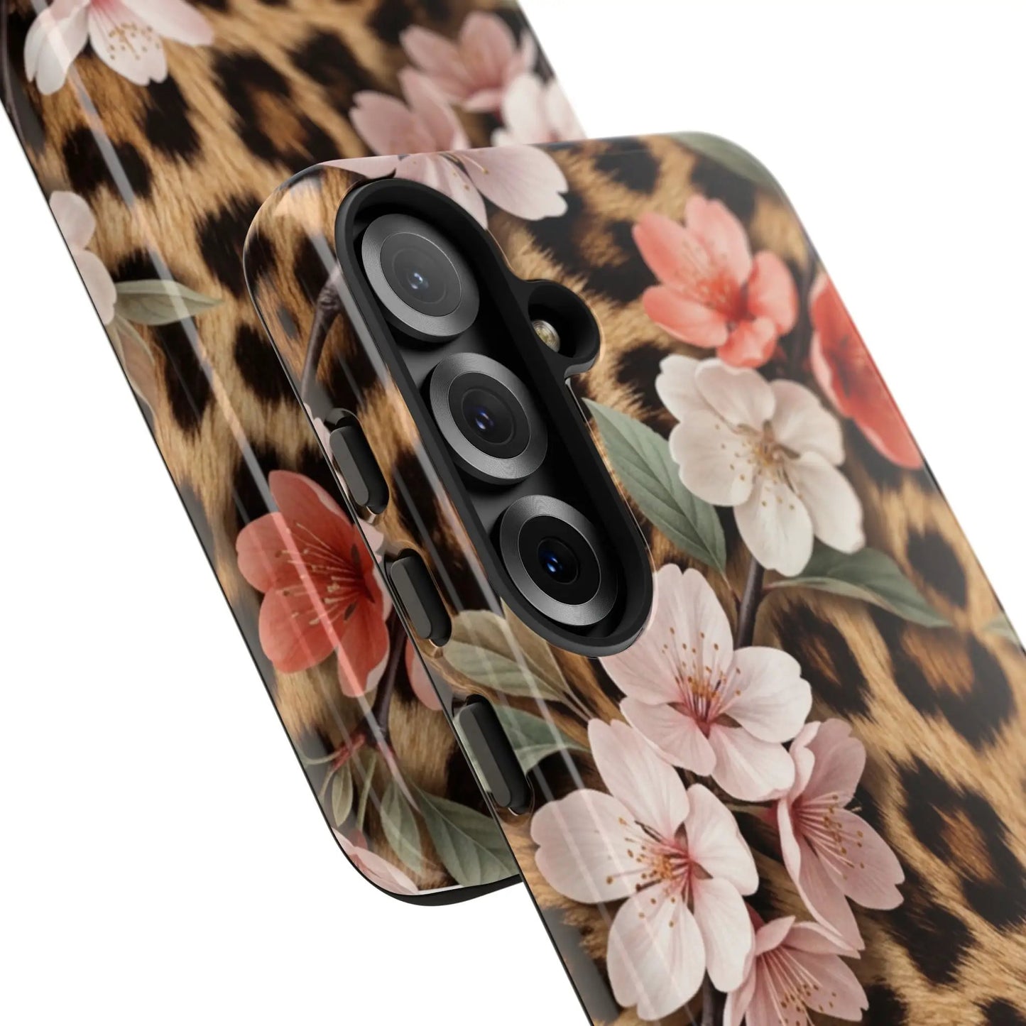 Leopard Floral Tough Case — Protective Phone Case with Pink Cherry Blossoms by Printify