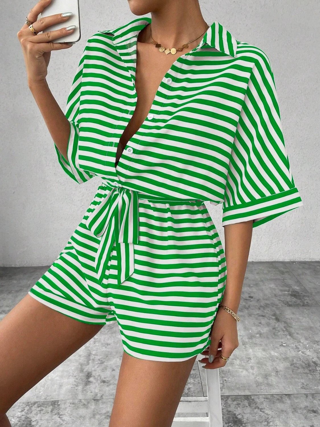 Tie Waist Half Button Striped Romper by VYSN