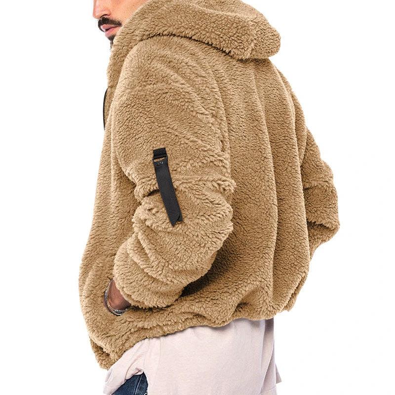 Plush Hooded Jacket Men's Autumn And Winter Fleece Double-sided Wear Warm Coat With Zipper Loose Casual Jacket Outdoor Clothing by GJG Denim
