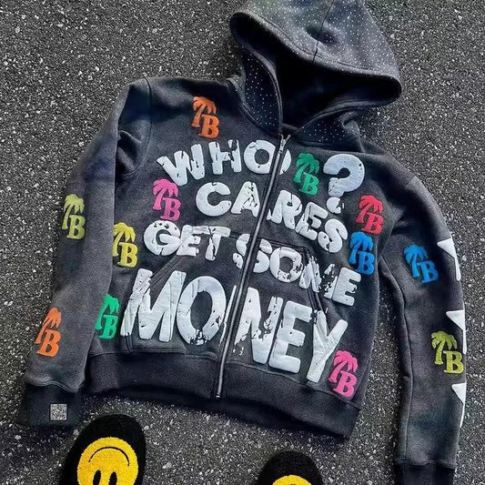 Trendy Letter Pattern Loose Casual And Comfortable Hooded Zipper Vintage Sweater by GJG Denim