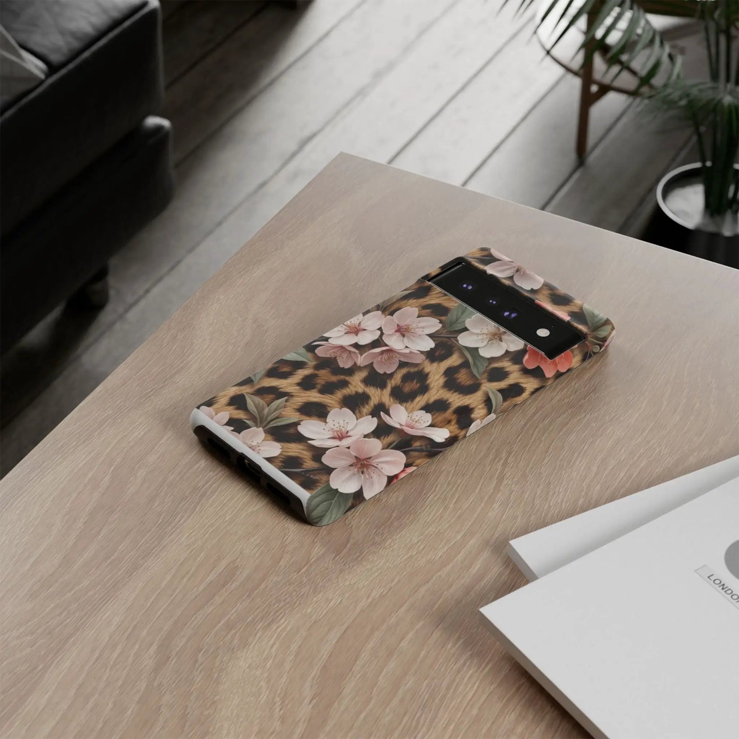 Leopard Floral Tough Case — Protective Phone Case with Pink Cherry Blossoms by Printify