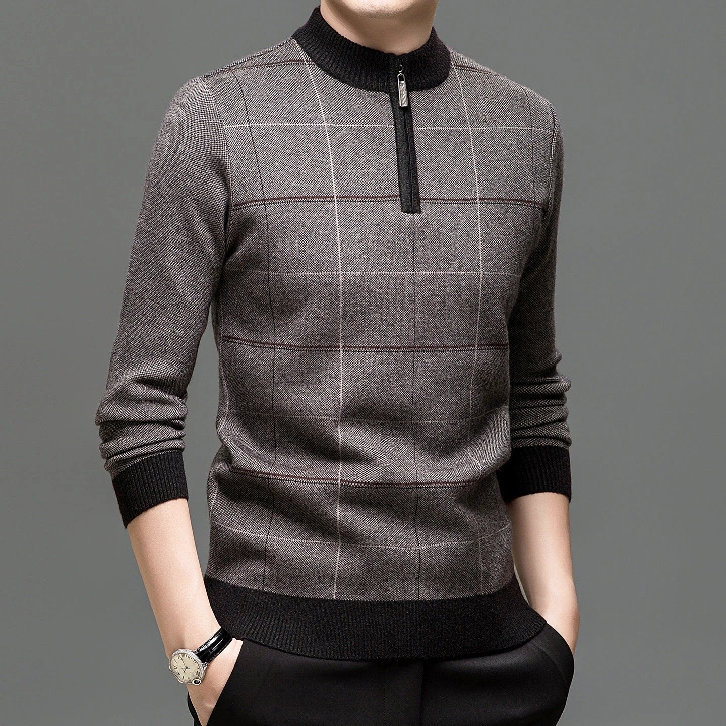 Men's Stylish Plaid Quarter-zip Knit Sweater by GJG Denim