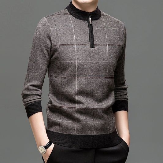 Men's Stylish Plaid Quarter-zip Knit Sweater by GJG Denim