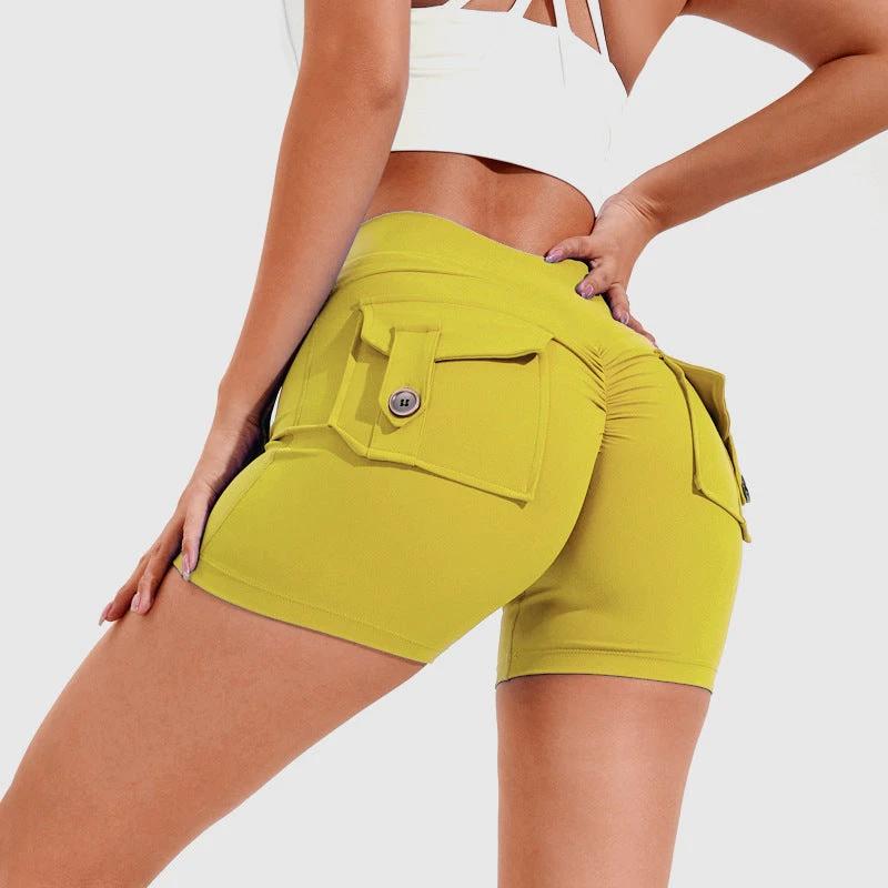 High Waist Hip Lifting Shorts With Pockets Quick Dry Yoga Fitness Sports Pants Summer Women Clothes by GJG Denim