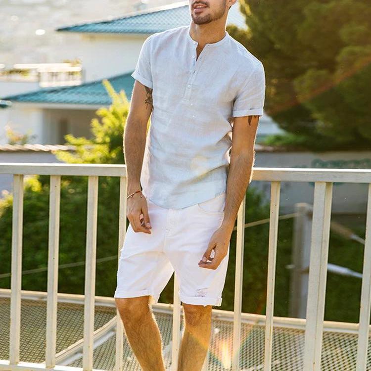 Men's Stand Collar Cotton Linen Short Sleeve Shirt by GJG Denim