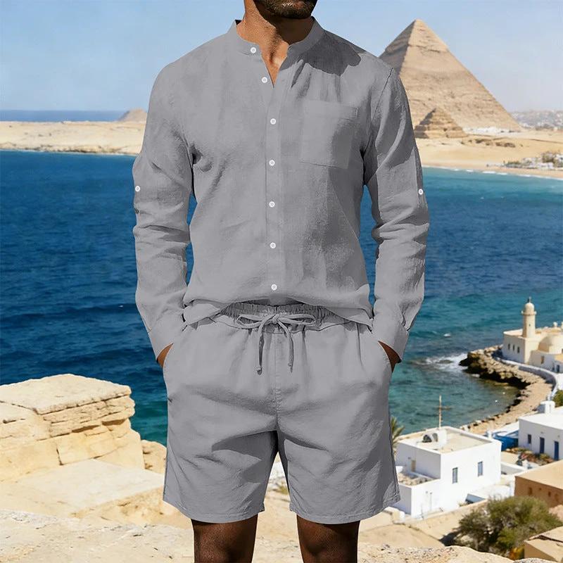Men's Casual Linen Shirt And Shorts Set by GJG Denim