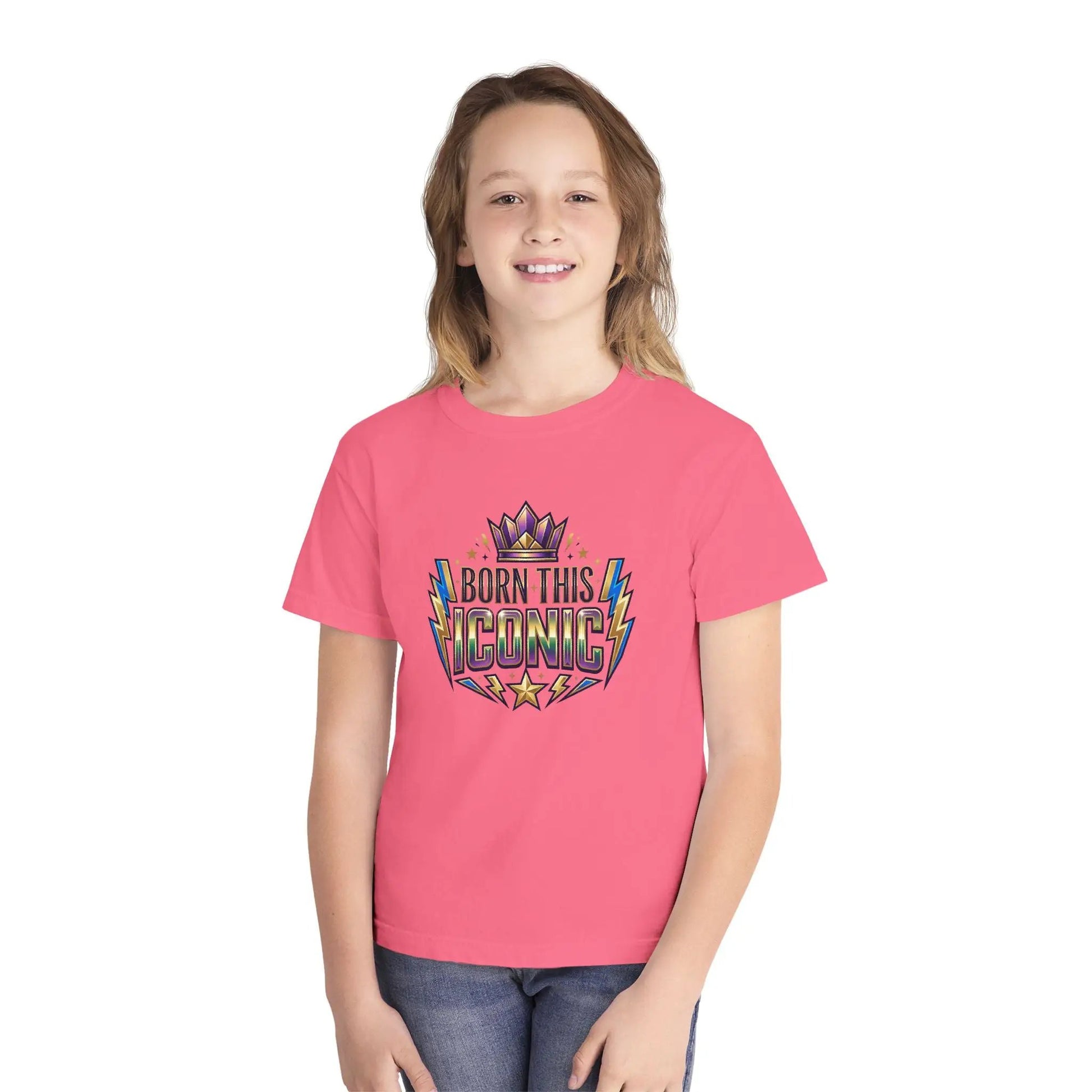 Youth Tee — "Born This Iconic" Crown Graphic by Printify