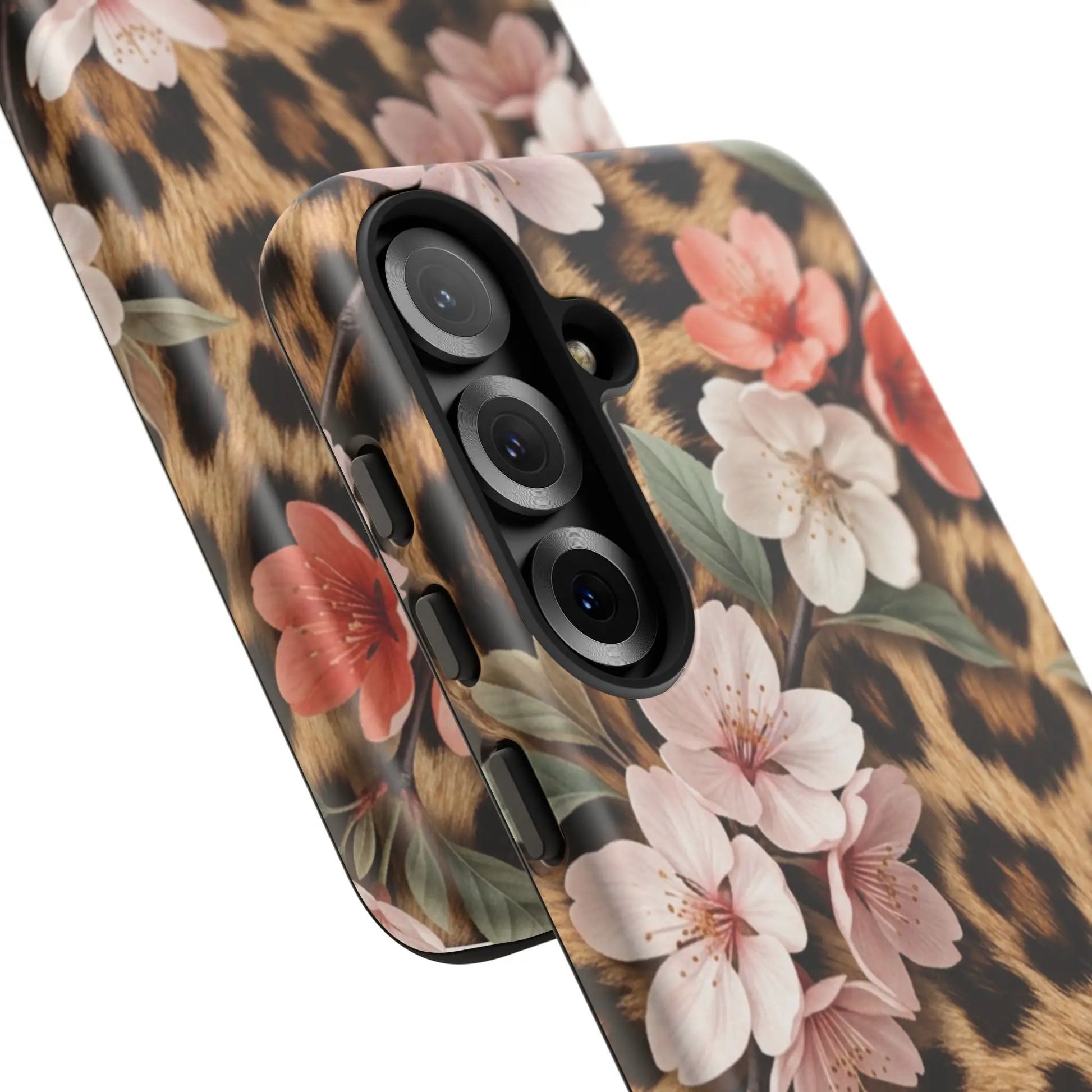 Leopard Floral Tough Case — Protective Phone Case with Pink Cherry Blossoms by Printify