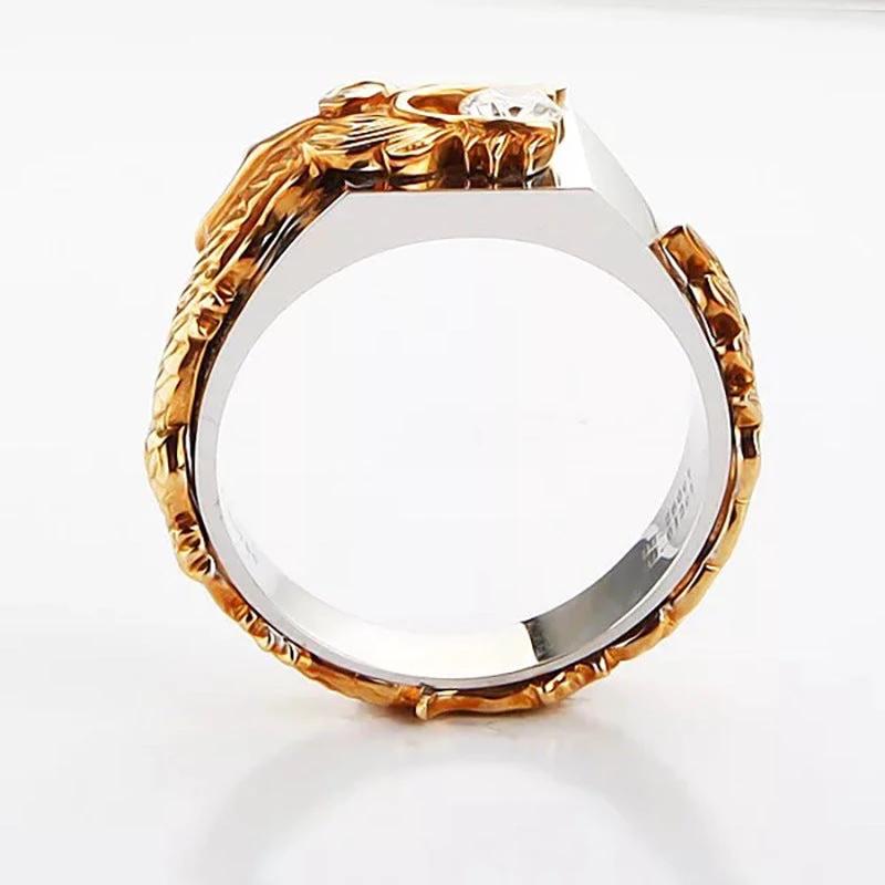 Men's Dragon Pattern Two-color Zircon Rhinestone Ring by GJG Denim