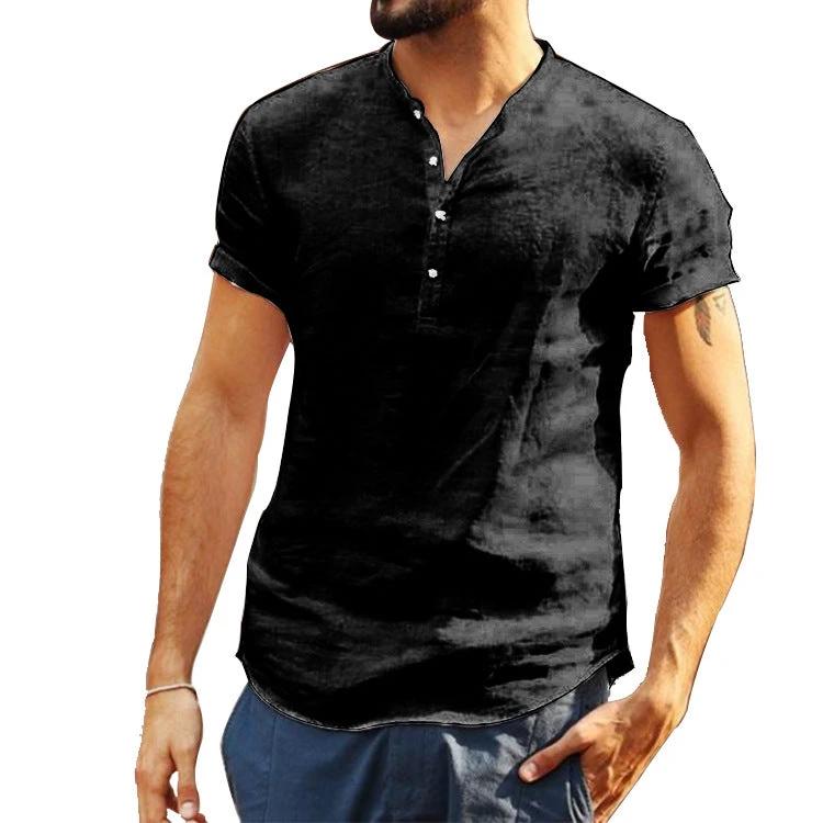 Men's Stand Collar Cotton Linen Short Sleeve Shirt by GJG Denim