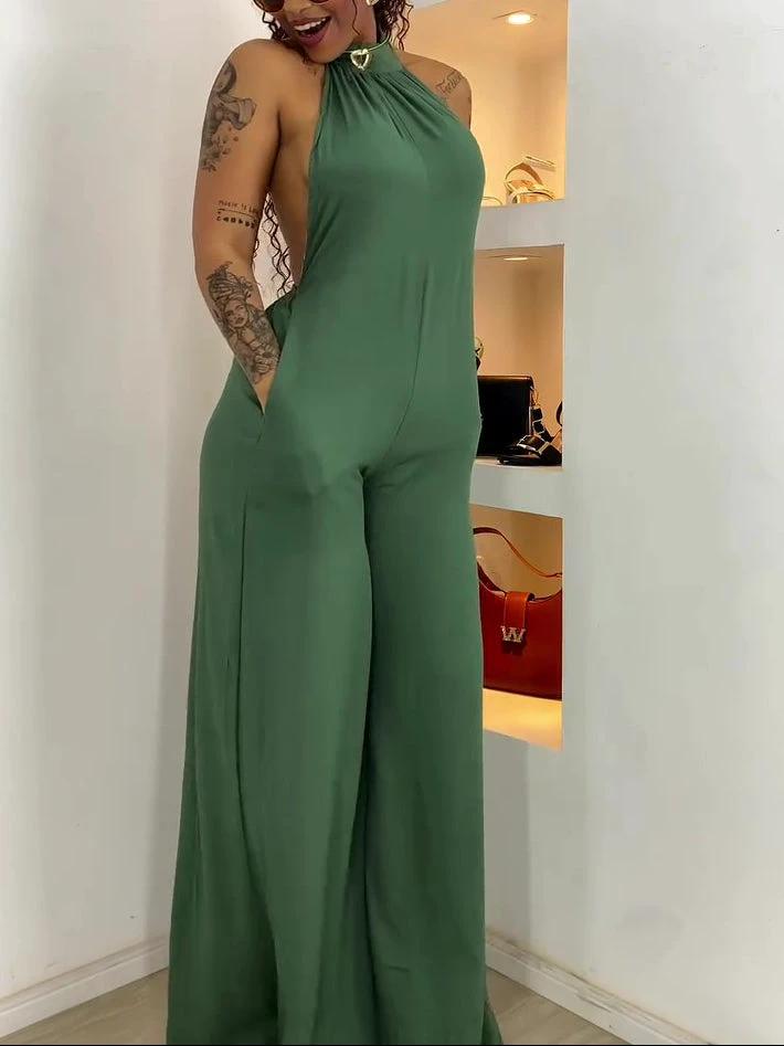 Green Halter-neck Backless Jumpsuit by GJG Denim