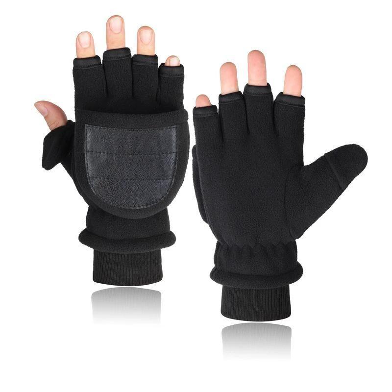 Men's Double-layer Velvet Flip Touch Screen Half Finger Gloves by GJG Denim