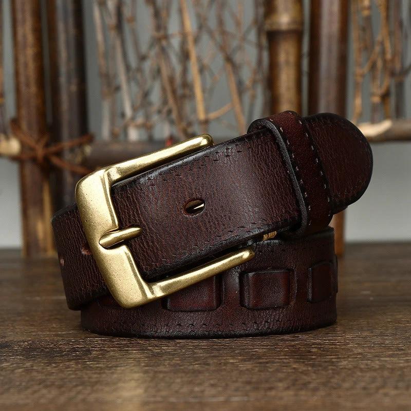 Retro Genuine Leather With Brass Buckle Belt For Men by GJG Denim