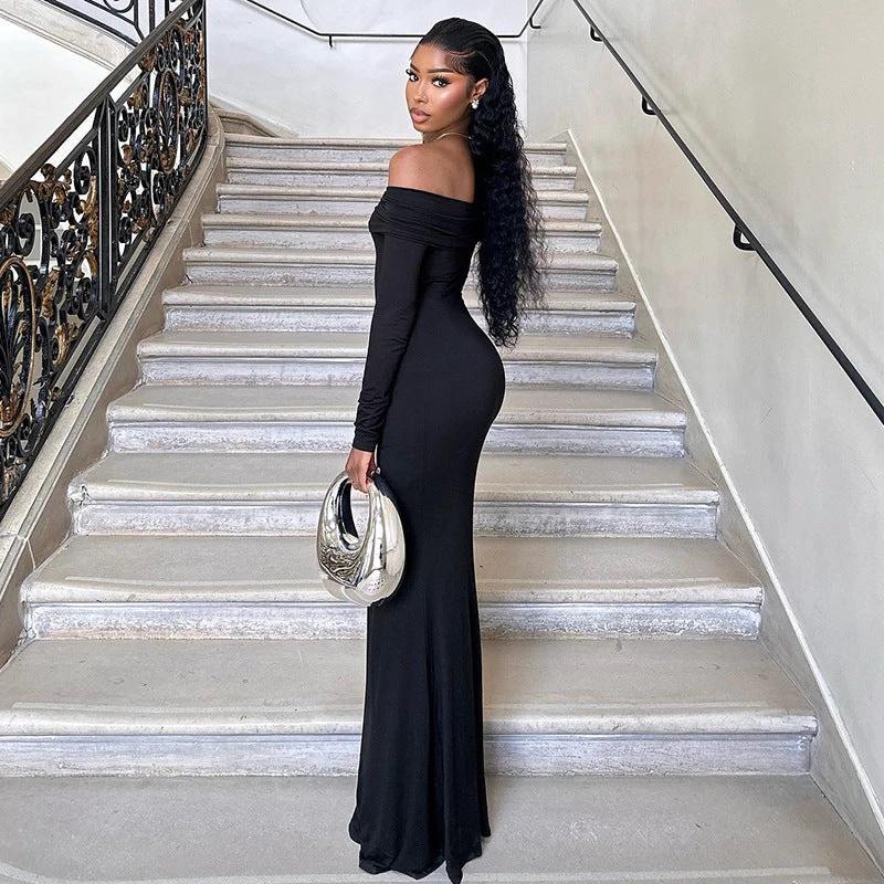 Black Off-shoulder Long Sleeve Sheath Fishtail Dress by GJG Denim
