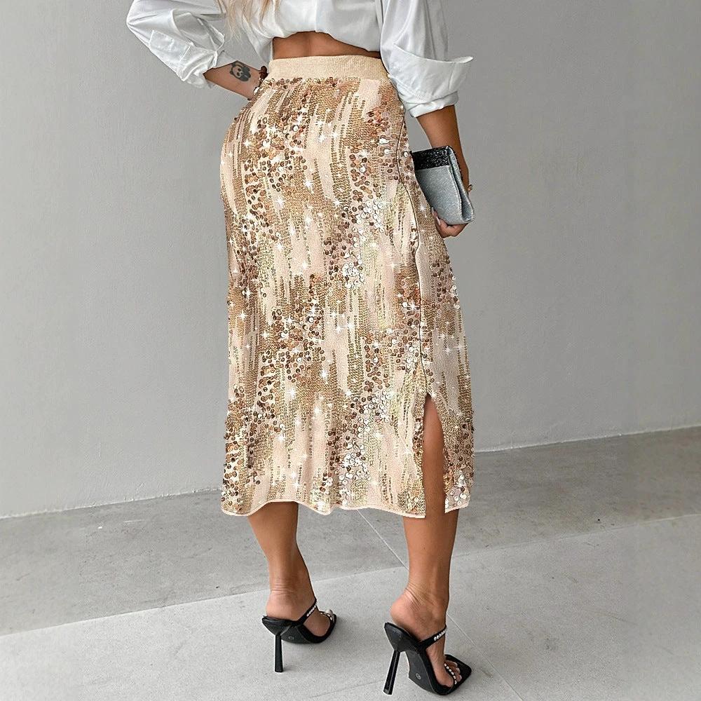 Women's Versatile Solid Color Fashionable Sequin Skirt by GJG Denim