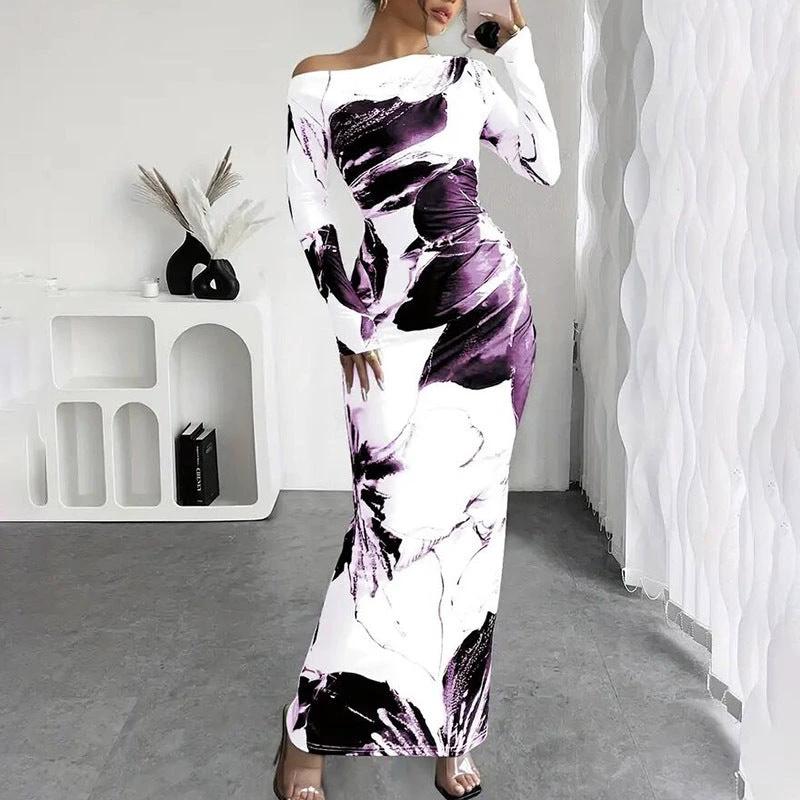 Women's Elegant Off-Shoulder Tie-Dye Floral Bodycon Dress Stretchy Season Party & Casual Dress by GJG Denim