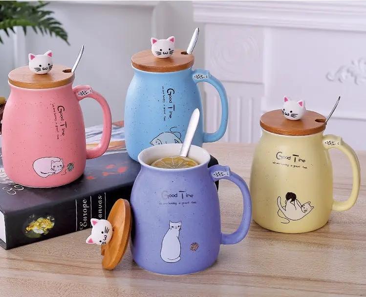 450ml Cartoon Ceramics Cat Mug With Lid and Spoon Coffee Milk Tea Mugs Breakfast Cup Drinkware Novelty Gifts by GJG Denim