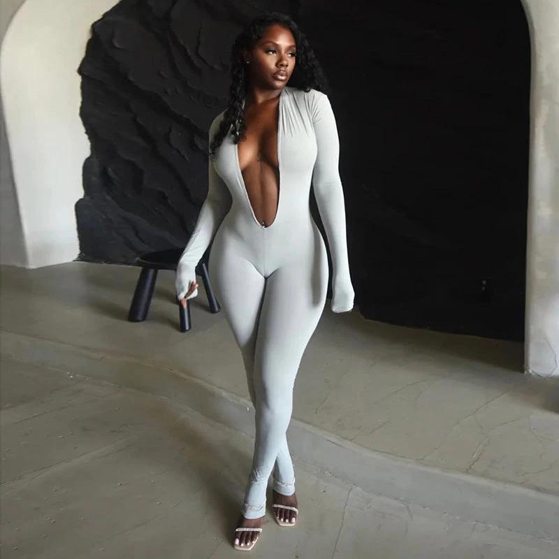 New Women's Fashion Sexy Backless Deep V Long Sleeve Solid Color Tight Jumpsuit by GJG Denim