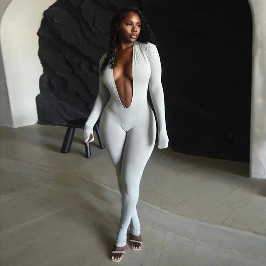 New Women's Fashion Sexy Backless Deep V Long Sleeve Solid Color Tight Jumpsuit by GJG Denim