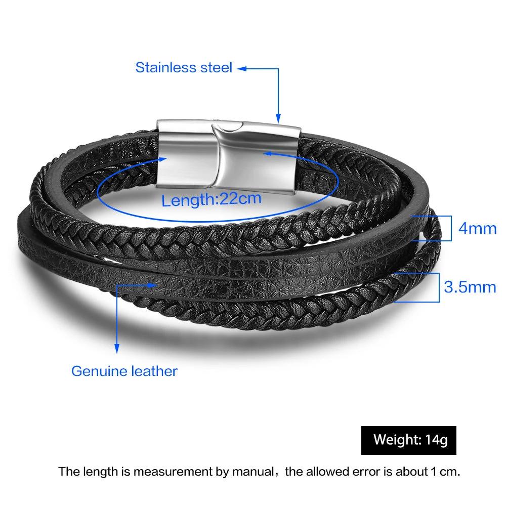 Stainless Steel Faux Leather Braided Rope Magnetic Clasp Bracelet For Men by GJG Denim