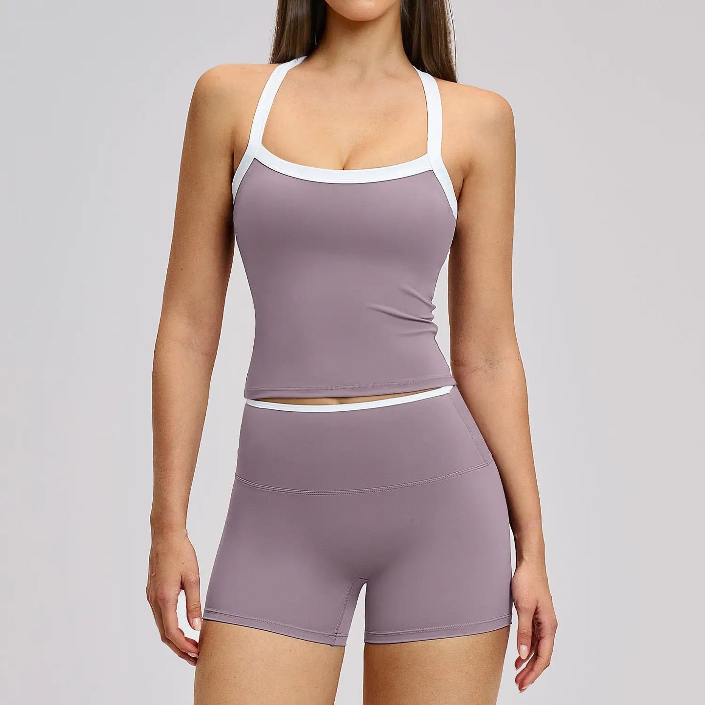 Nude-Feel Yoga Set Contrasting Colors, Crossed Back Design, Tight-Fitting Yoga Wear by GJG Denim