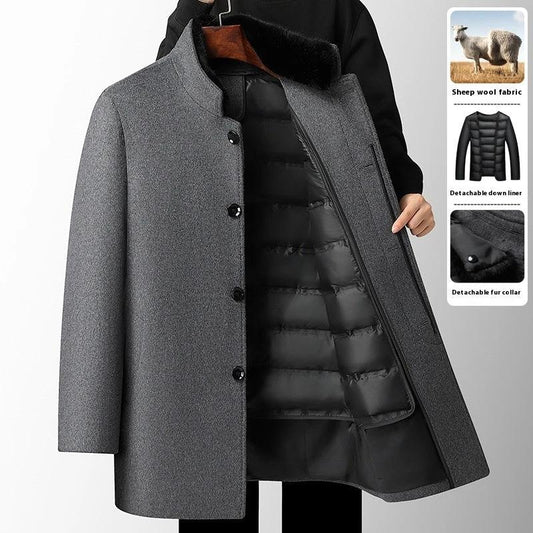 Men's Wool Overcoat Mid-length Thickening Detachable Down Feather Liner by GJG Denim