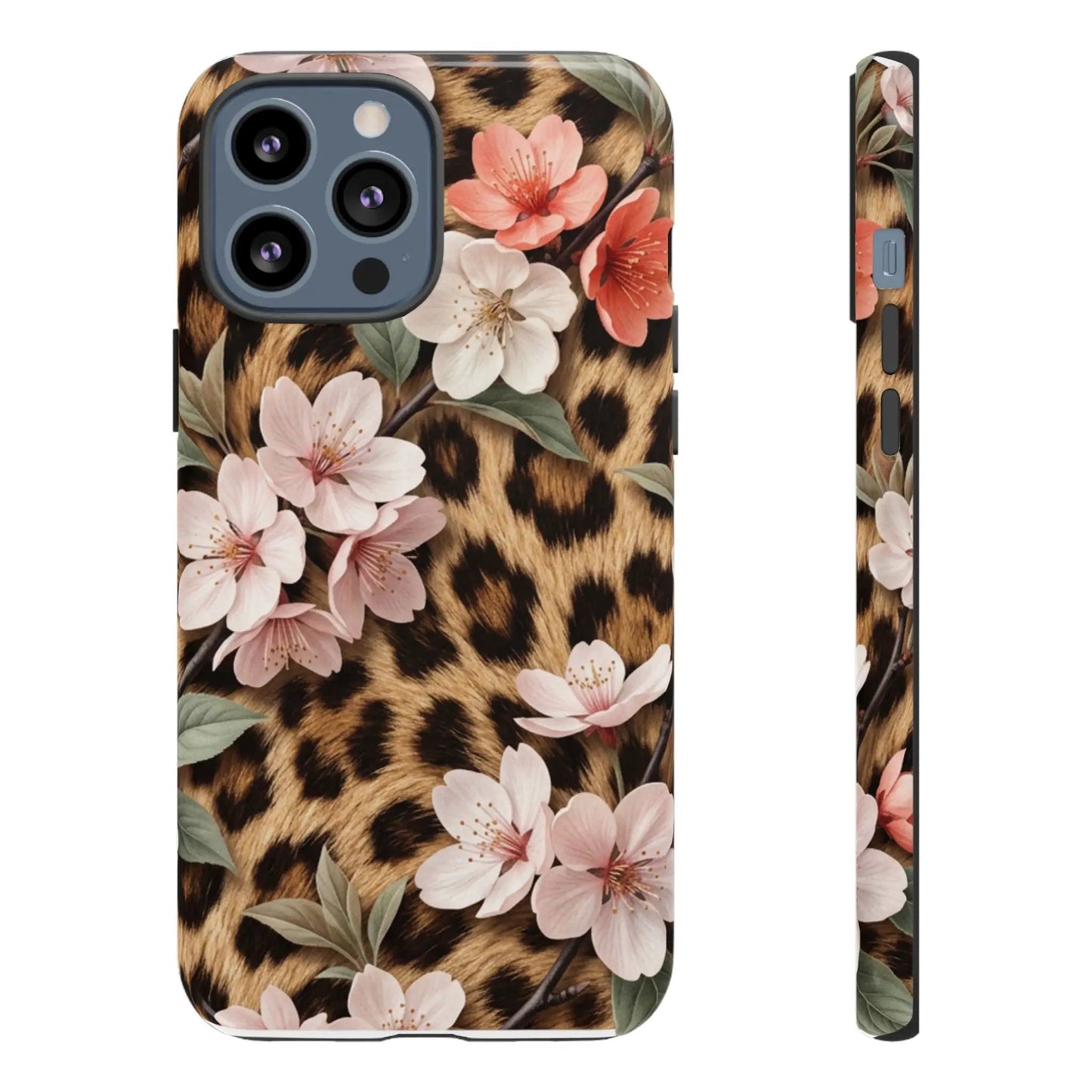 Leopard Floral Tough Case — Protective Phone Case with Pink Cherry Blossoms by Printify