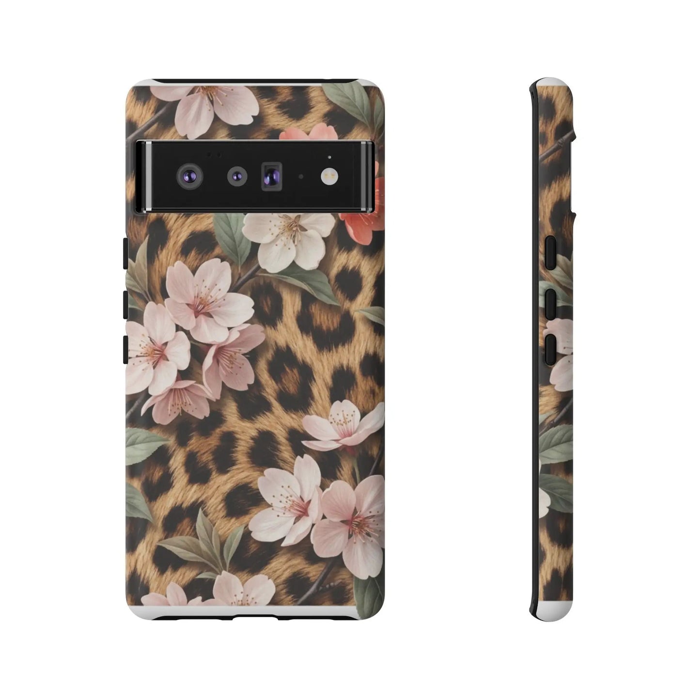Leopard Floral Tough Case — Protective Phone Case with Pink Cherry Blossoms by Printify