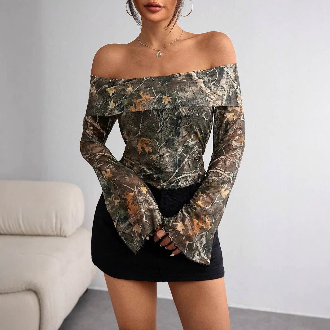 Mesh Printed Off-shoulder Long Sleeved Fitted T-shirt Top by GJG Denim