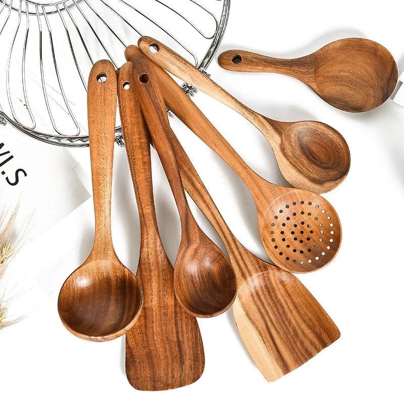 Teak Natural Wood Kitchen Utensils Set by GJG Denim