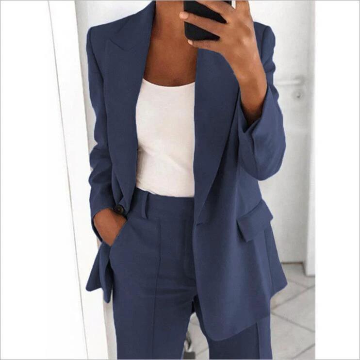 Ins Button Casual Suit Fashion Long-sleeved Lapel Blazer Jacket And Slim-fit Pocket Trousers For Women Clothing by GJG Denim