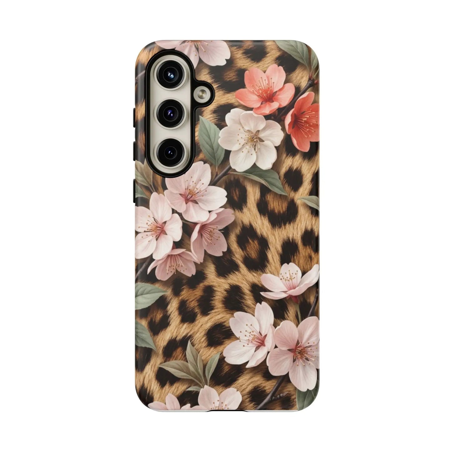 Leopard Floral Tough Case — Protective Phone Case with Pink Cherry Blossoms by Printify