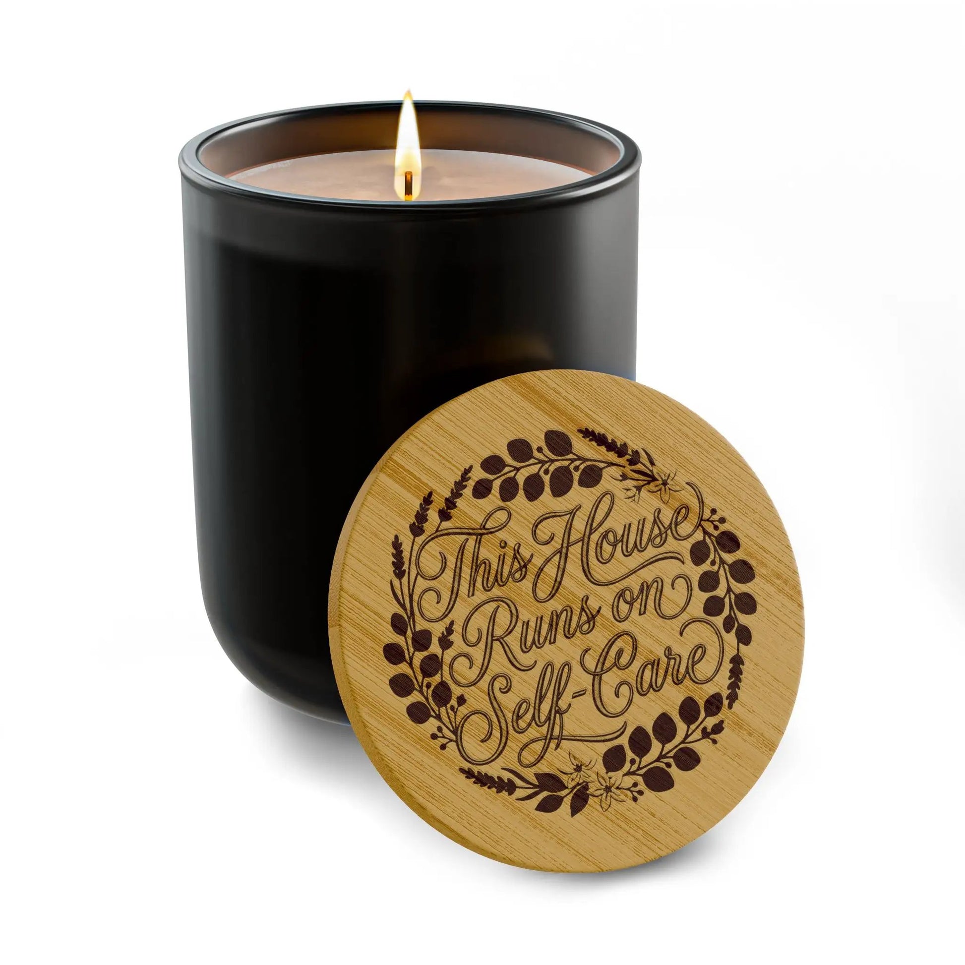Engraved Soy Candle - "This House Runs on Self-Care" 14oz Scented Candle with Bamboo Lid by Printify