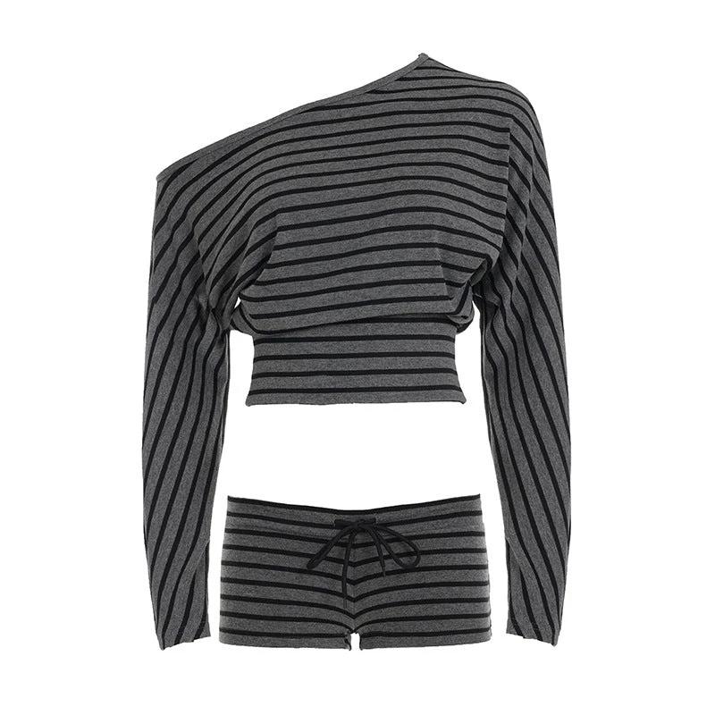 Womens Casual Striped Off-shoulder Long-sleeve Top And Shorts Set by GJG Denim