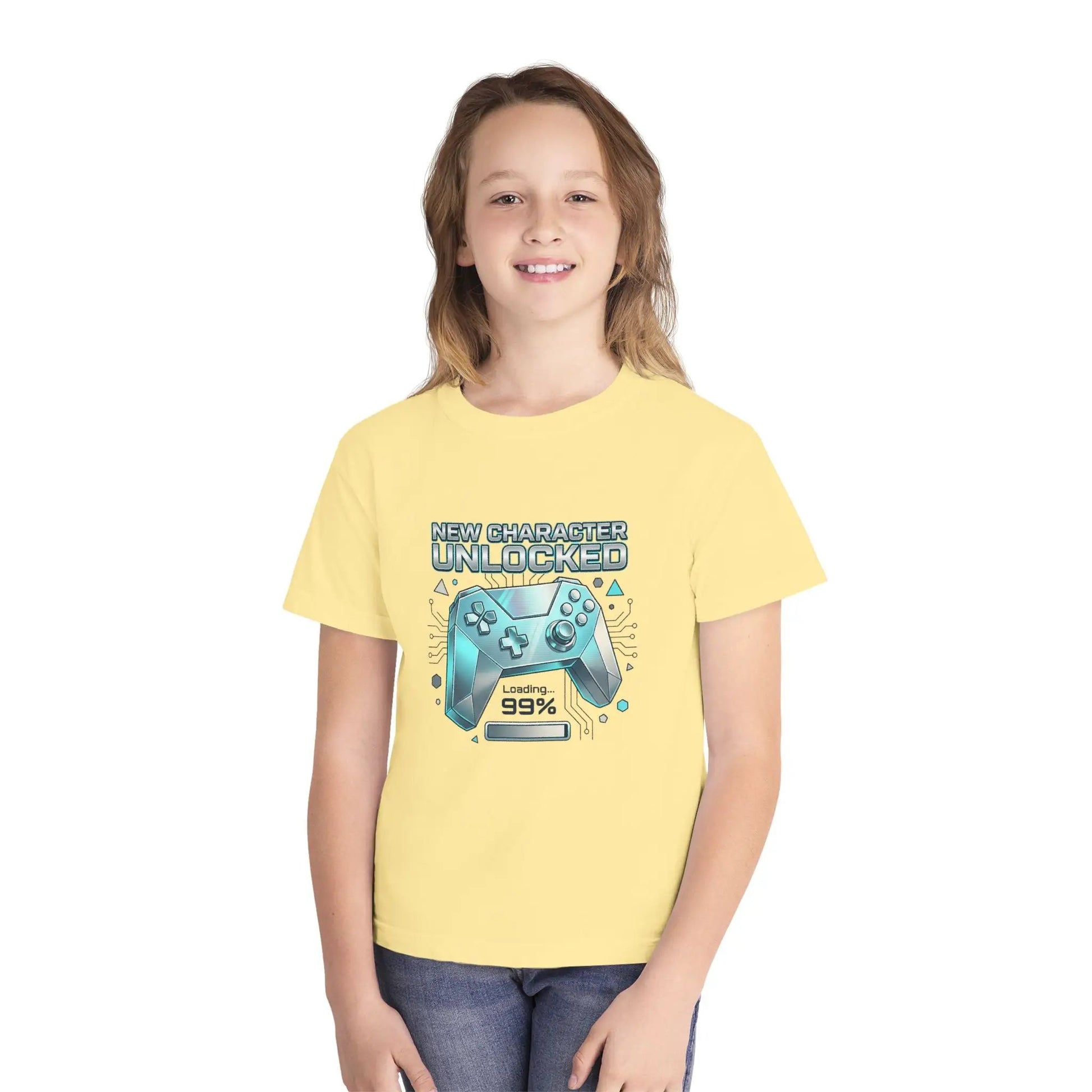 Youth Gaming Tee - "New Character Unlocked" Controller Design (Loading 99%) by Printify