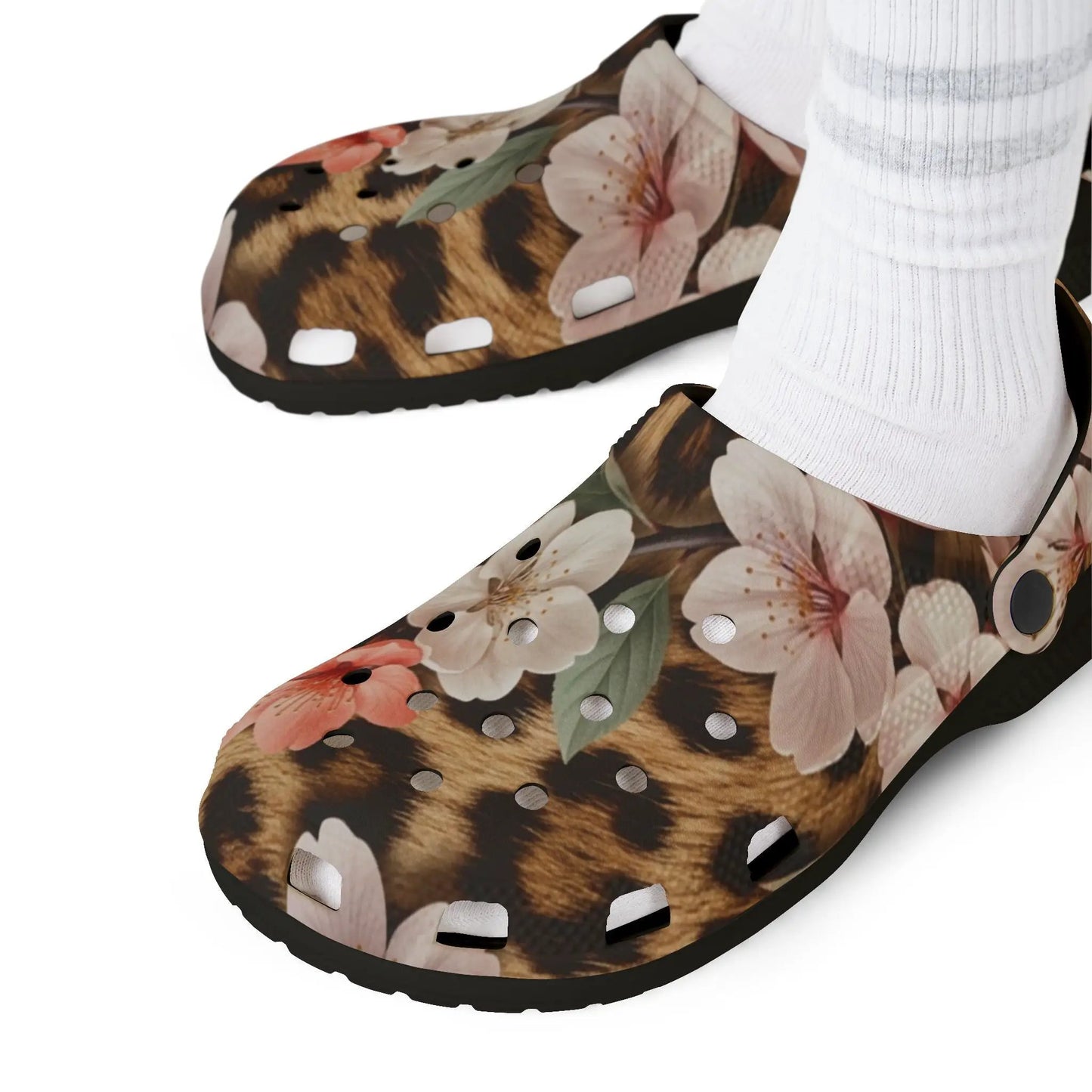 Floral Leopard Print Clogs — EVA Foam Garden Shoes by Printify