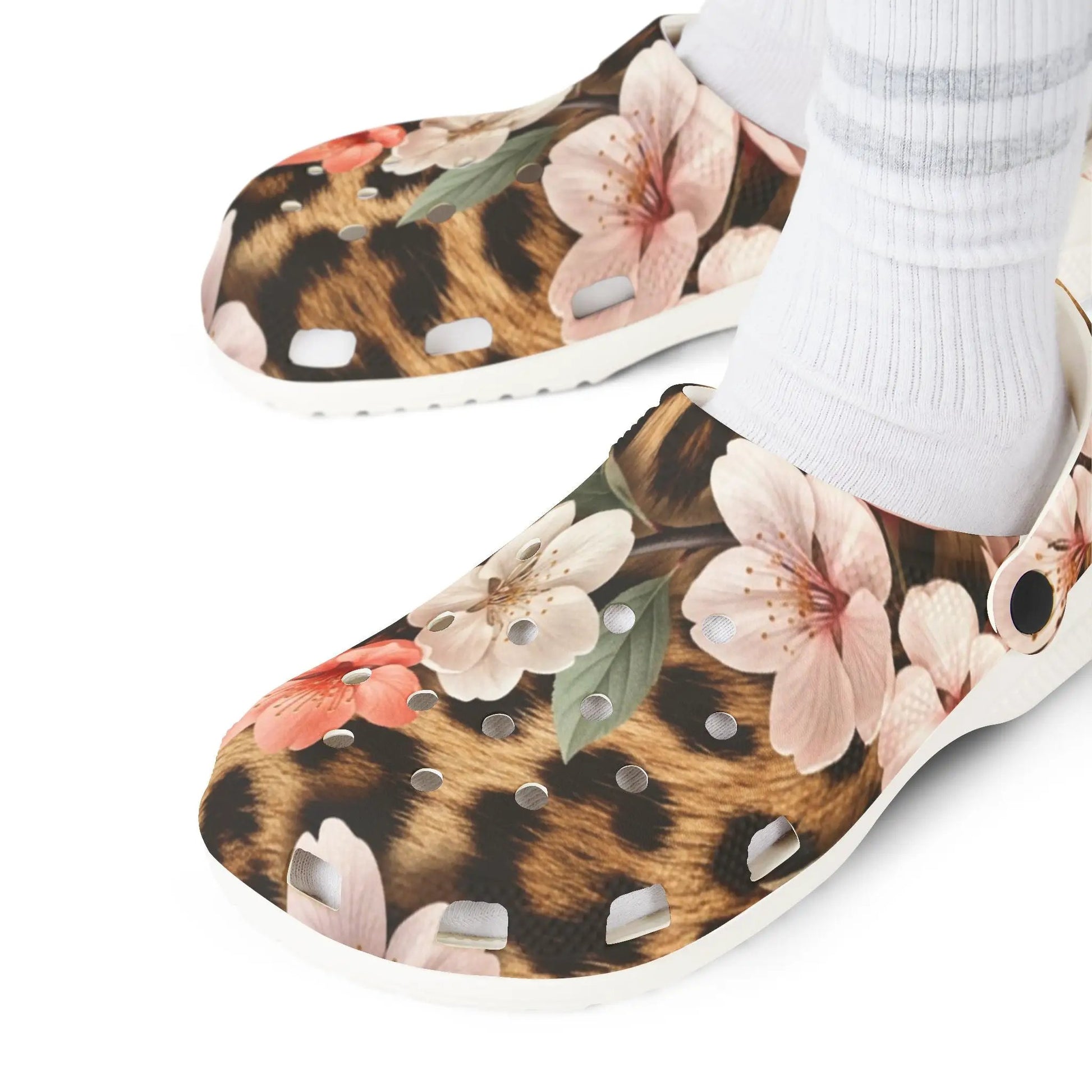 Floral Leopard Print Clogs — EVA Foam Garden Shoes by Printify