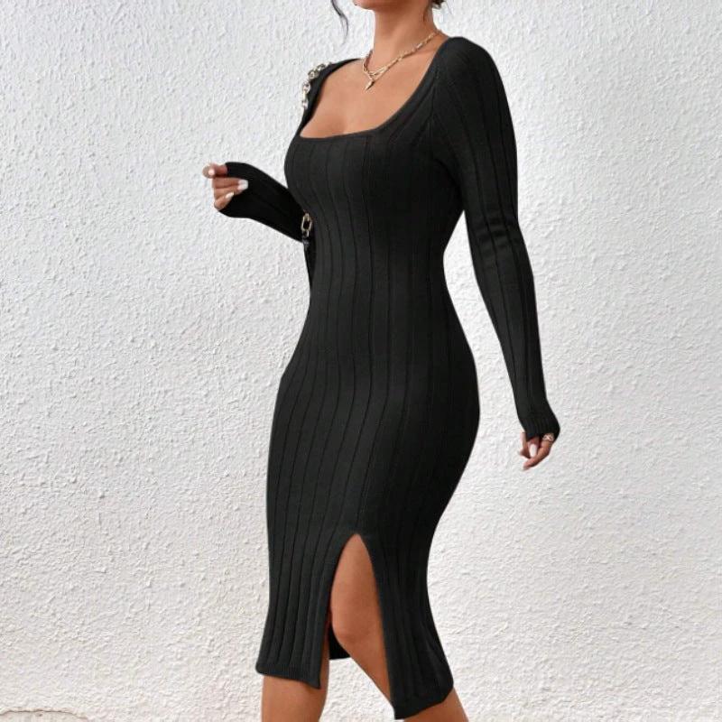 Square Collar Long Sleeve Knitted Dress Women by GJG Denim