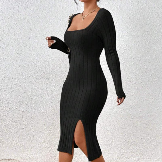 Square Collar Long Sleeve Knitted Dress Women by GJG Denim
