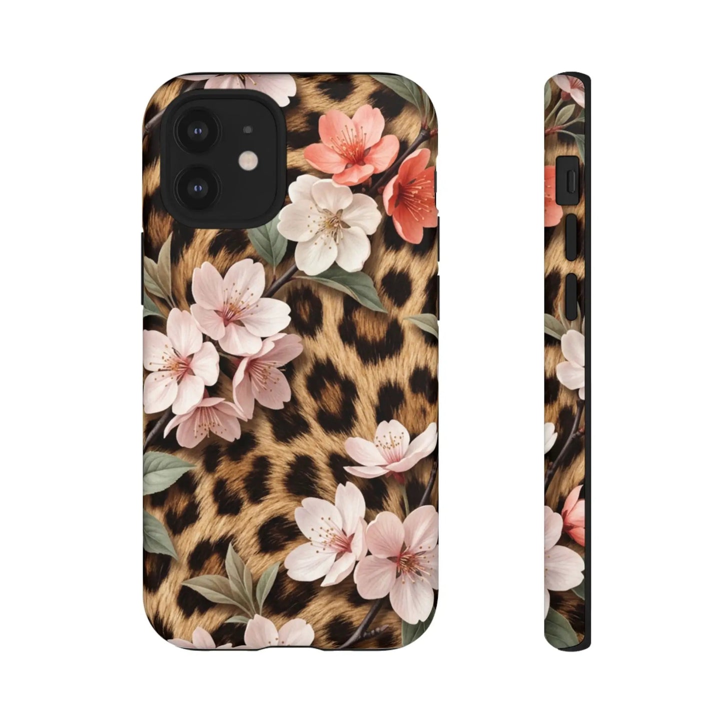 Leopard Floral Tough Case — Protective Phone Case with Pink Cherry Blossoms by Printify