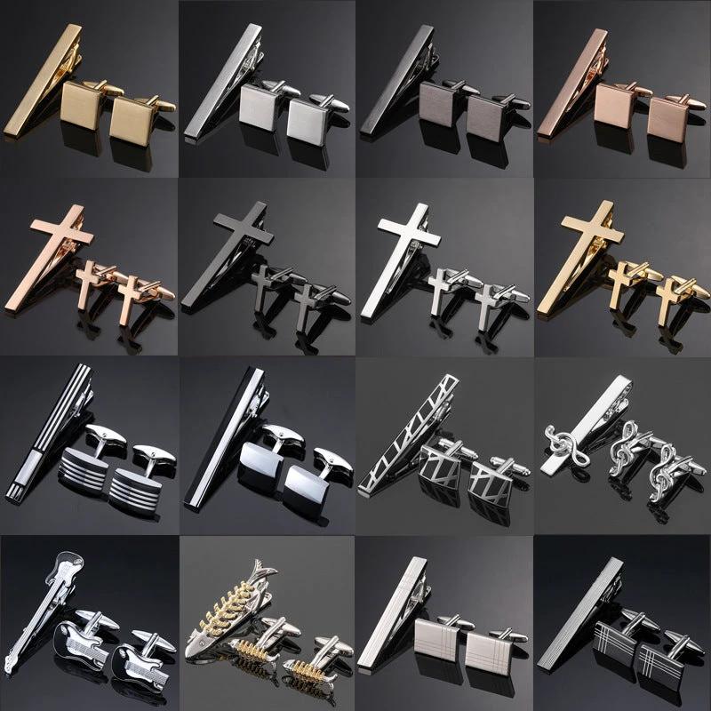 Gold Silver Black Square Brushed Tie Clip And Cufflinks by GJG Denim
