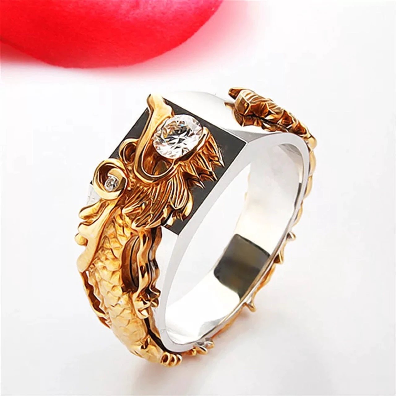 Men's Dragon Pattern Two-color Zircon Rhinestone Ring by GJG Denim
