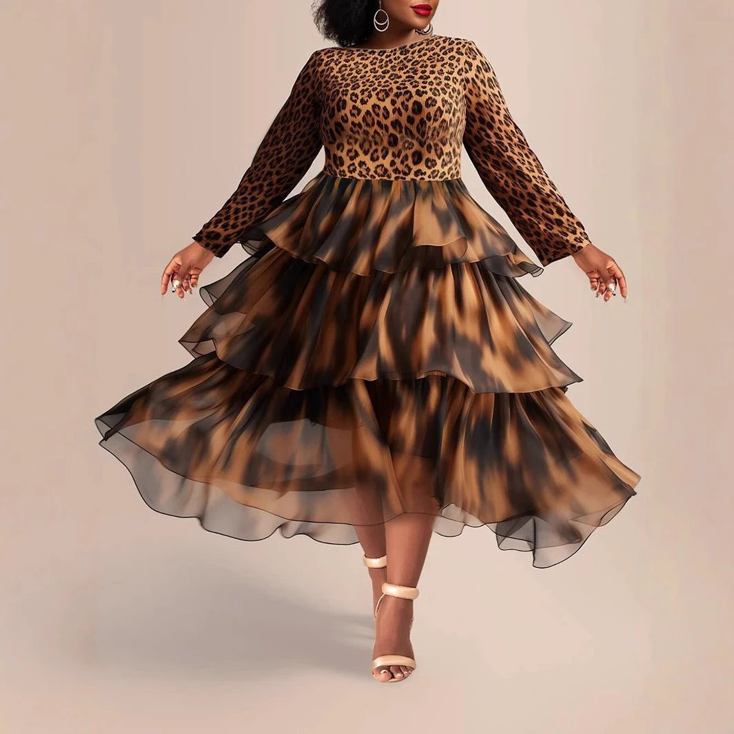 Elegant Leopard Print Cake Dress Plus Size Long Sleeve by GJG Denim