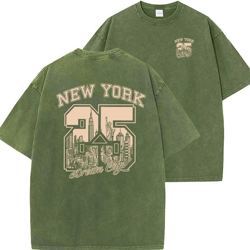 New Vintage Print Washed Short-sleeved T-shirt by GJG Denim