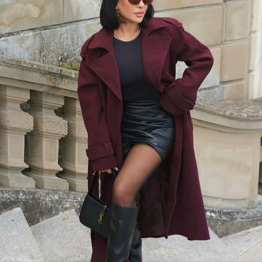 Fashion Lapel Woolen Coat With Belt Winter Double-breasted Trench Long Jacket For Women Clothing by GJG Denim