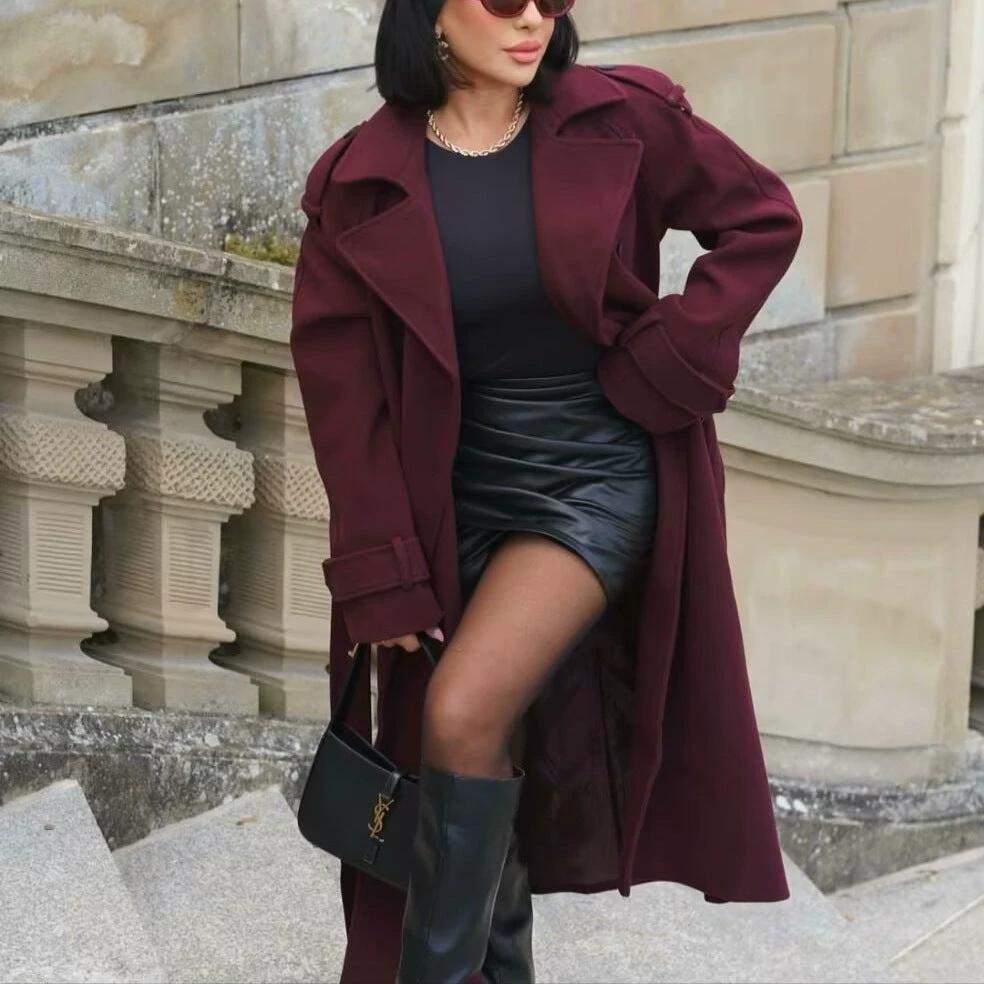Fashion Lapel Woolen Coat With Belt Winter Double-breasted Trench Long Jacket For Women Clothing by GJG Denim