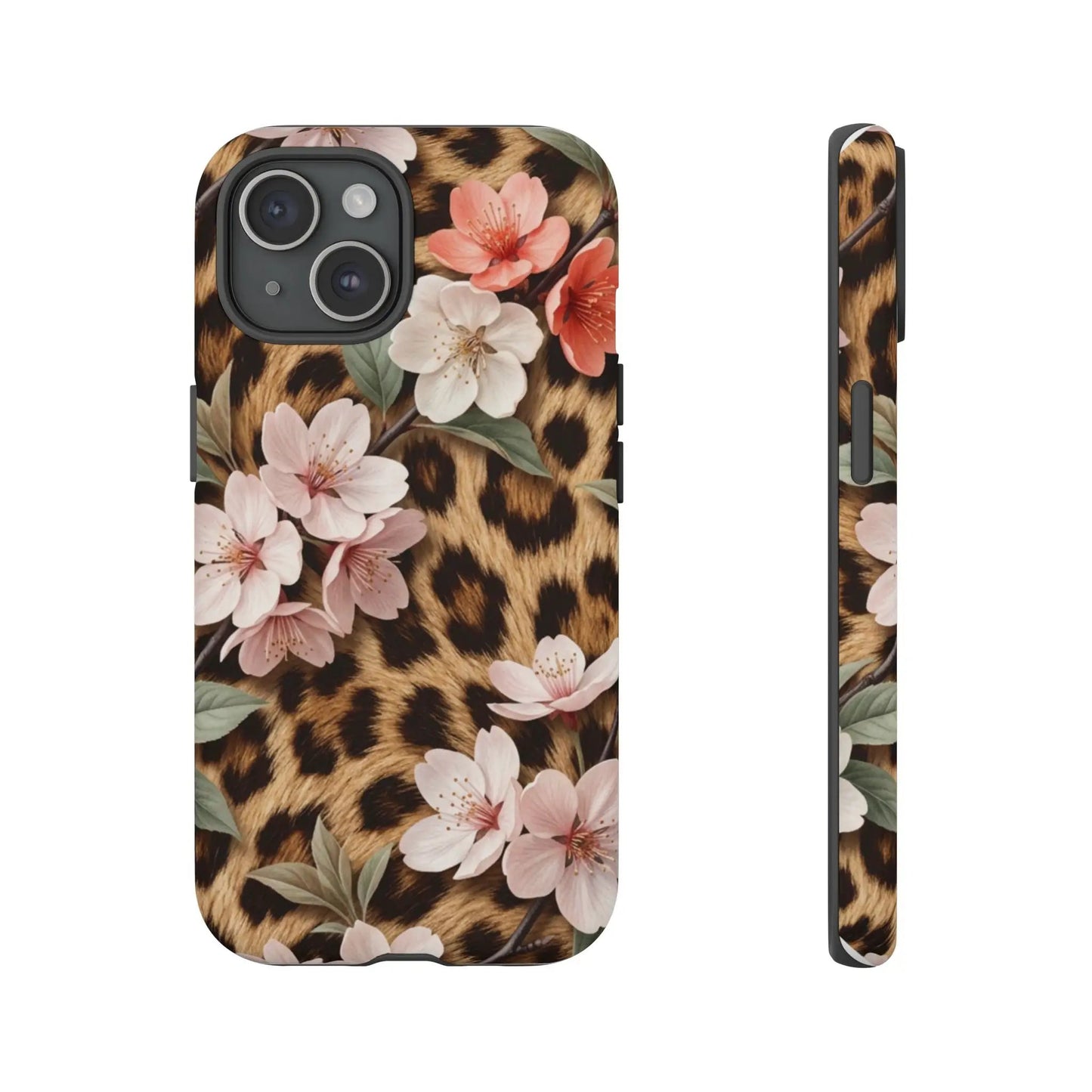 Leopard Floral Tough Case — Protective Phone Case with Pink Cherry Blossoms by Printify